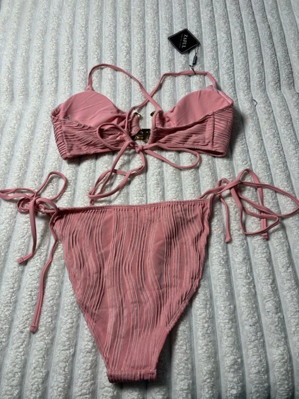 Zaful Pink Ruched Bikini Set with Gold Hardware